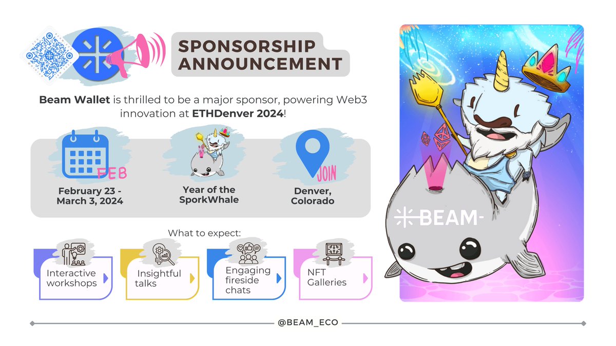 nininiao's tweet photo. 📢Exciting news! @beam_eco is thrilled to be a major sponsor, powering Web3 innovation at ETHDenver 2024! 🚀

Event details:
🗓️ February 23 - March 3, 2024 
🦄 Year of the SporkWhale 
📍 Denver, Colorado

💻About ETHDenver: 
Experience the world's first event DAO, with all proceeds dedicated to #BUIDL value for the community and advancing the decentralized future. Join the SporkWhales, peak contributors to the SporkDAO ecosystem, known for their creative prowess and $SPORK holdings. 🌐🦄

What to expect:
🛠️ Interactive workshops 
🎤 Insightful talks 
🔥 Engaging fireside chats 
🖼️ NFT galleries ...
and more! 🚀

👉Connect with blockchain enthusiasts, attend specialized summits, and be part of a vibrant global community. 
🎟️Secure your spot for an unrivaled journey of discovery, education, and professional growth.

Apply now: https://t.co/6MFvvLJWXo🏨
Don't miss out on this extraordinary experience! 🌟
