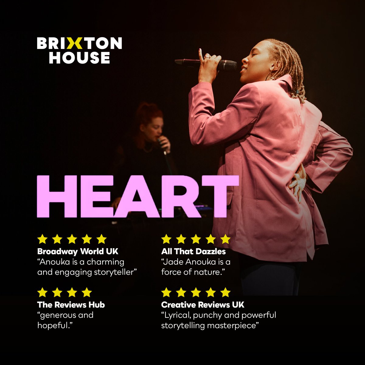 BrxHouseTheatre's tweet photo. ✭✭✭✭✭
“Jade Anouka is a force of nature.” @ATDazzles 

Only two more performances of HEART #hearttheplay,  @JadeAnouka's raw and honest debut play with live music from 4 x UK Beatbox Champion @_GraceSavage!

Don't miss out ⏬
https://t.co/KZM06PogBE https://t.co/4RVf4C7pR6