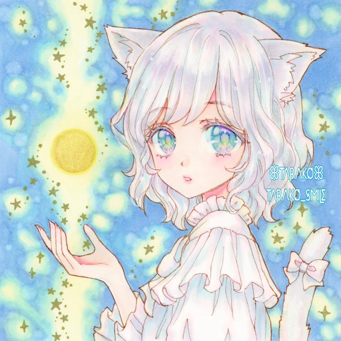 #月猫のワルツ展『月の雫』月の雫と白猫ちゃん描きました#アナログ絵 