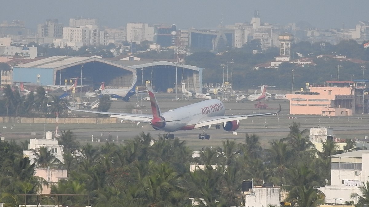 Air India A350 lands at Chennai airport. Visibility getting better hoping to get a shot soon with Airport cranes #planespotting #avgeeks #aviation