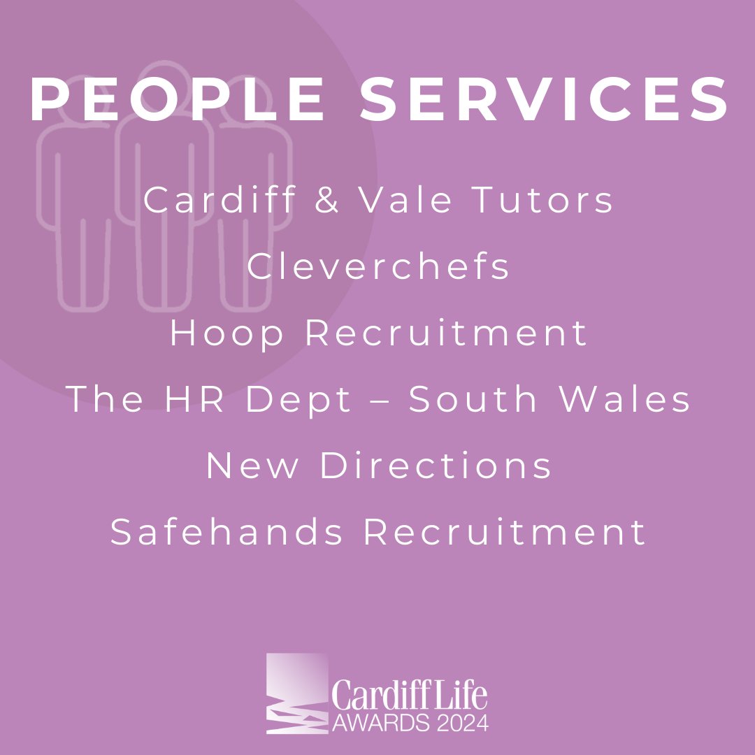 CardiffLifeAwds's tweet photo. ✨ The People Services Finalists are: @CardifValeTutor, Cleverchefs, @hooprecruitment, @HRDeptSWales, New Directions, and Safehands Recruitment https://t.co/FE7hQmfJ4W