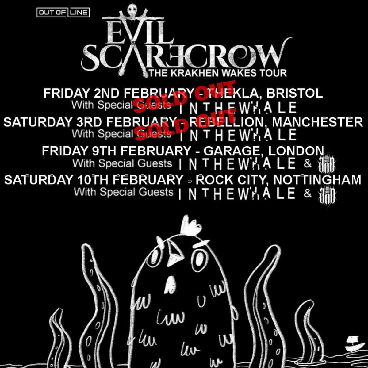 Times for tonight’s sold out show at @theklabristol (stc) Doors: 7pm @inthewhale: 7:20pm @EvilScarecrowUK: 8:20pm