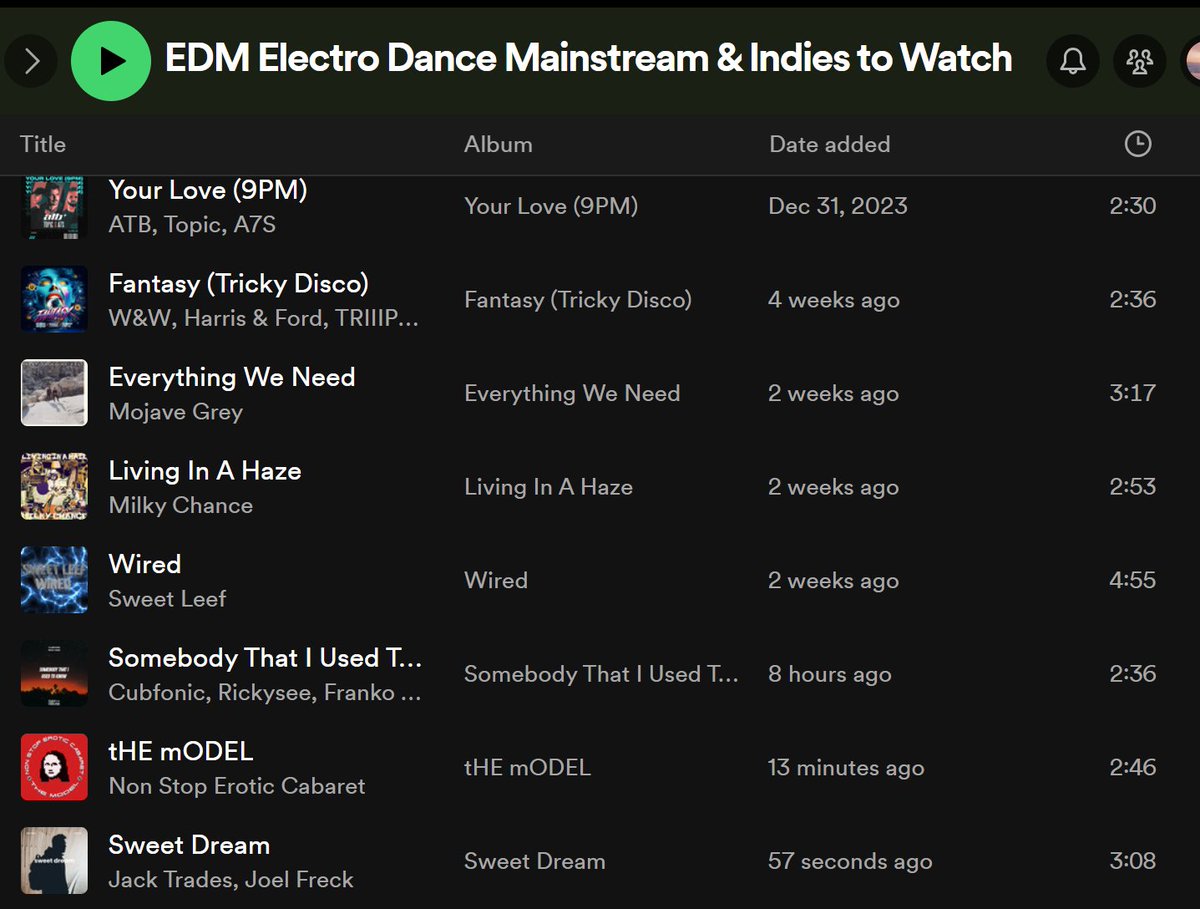 New EDM 🔽👀🎧 👀🎧

<a href="/nsecmusic/">nON sTOP eROTIC cABARET #nSECmUSIC</a>  tHE mODEL 🗣️
<a href="/sweetleefmusic/">🎶👽 🍃Sweet Leef🍃👽🎶</a> Wired🗣️
<a href="/jacktradesoffic/">Jack Trades</a> Sweet Dream🗣️

open.spotify.com/playlist/1A1kT…