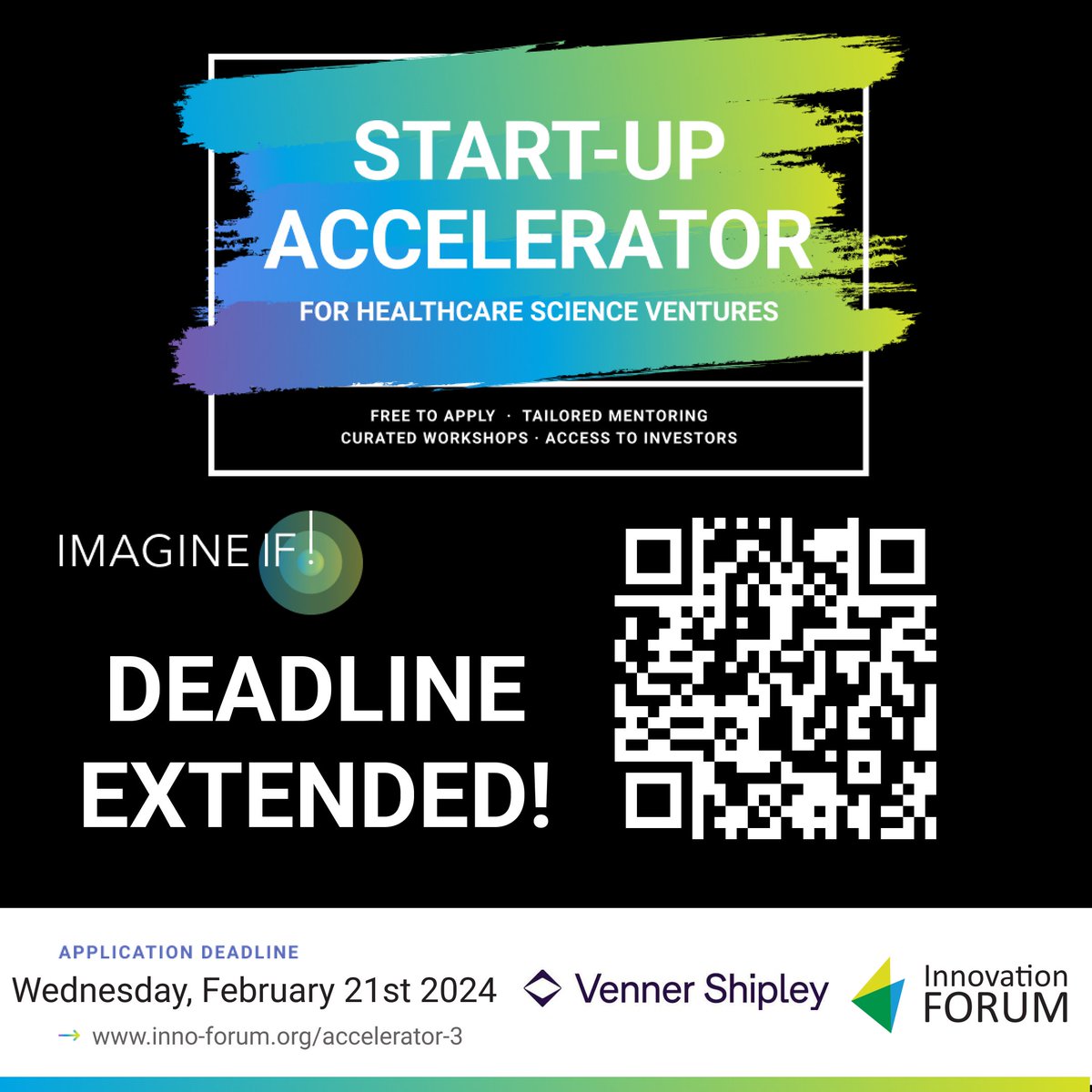 Good news! 🎉 The IMAGINE IF! 2024 application deadline is now extended to the 21st of February. 

Don't miss this chance to elevate your healthcare startup. Thanks to our sponsor, <a href="/VennerShipley/">Venner Shipley</a>, for making this possible!

📅 Don't delay, apply today: buff.ly/3uc4Dia