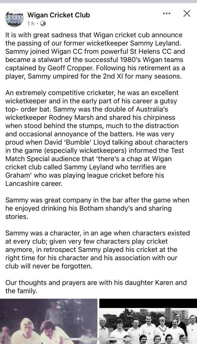 Very sad news from @WiganCricket this morning. Sammy was a larger than life character who played the game hard, but was always good company in the bar.