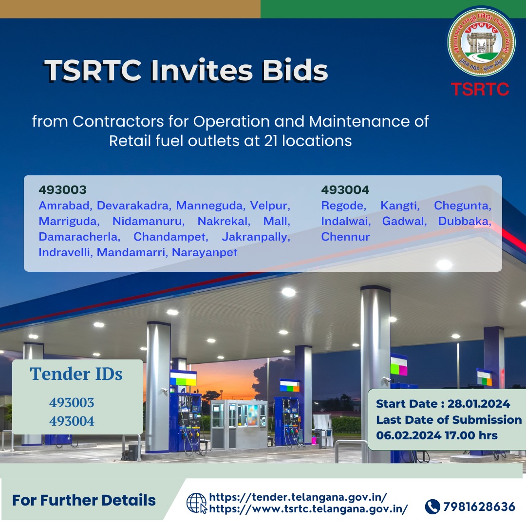 TGSRTCHQ's tweet photo. Driving Efficiency Forward: TSRTC Fuel Outlets Tender Now Open!
Propel Your Business with Us.
#TSRTC #Oil #Petrol #Diesel #FuelOutlet #nvestment #telangana #fueloutlets #retailoutle #TelanganaTransport #FuelStationManagement https://t.co/AtSjP6oE2V