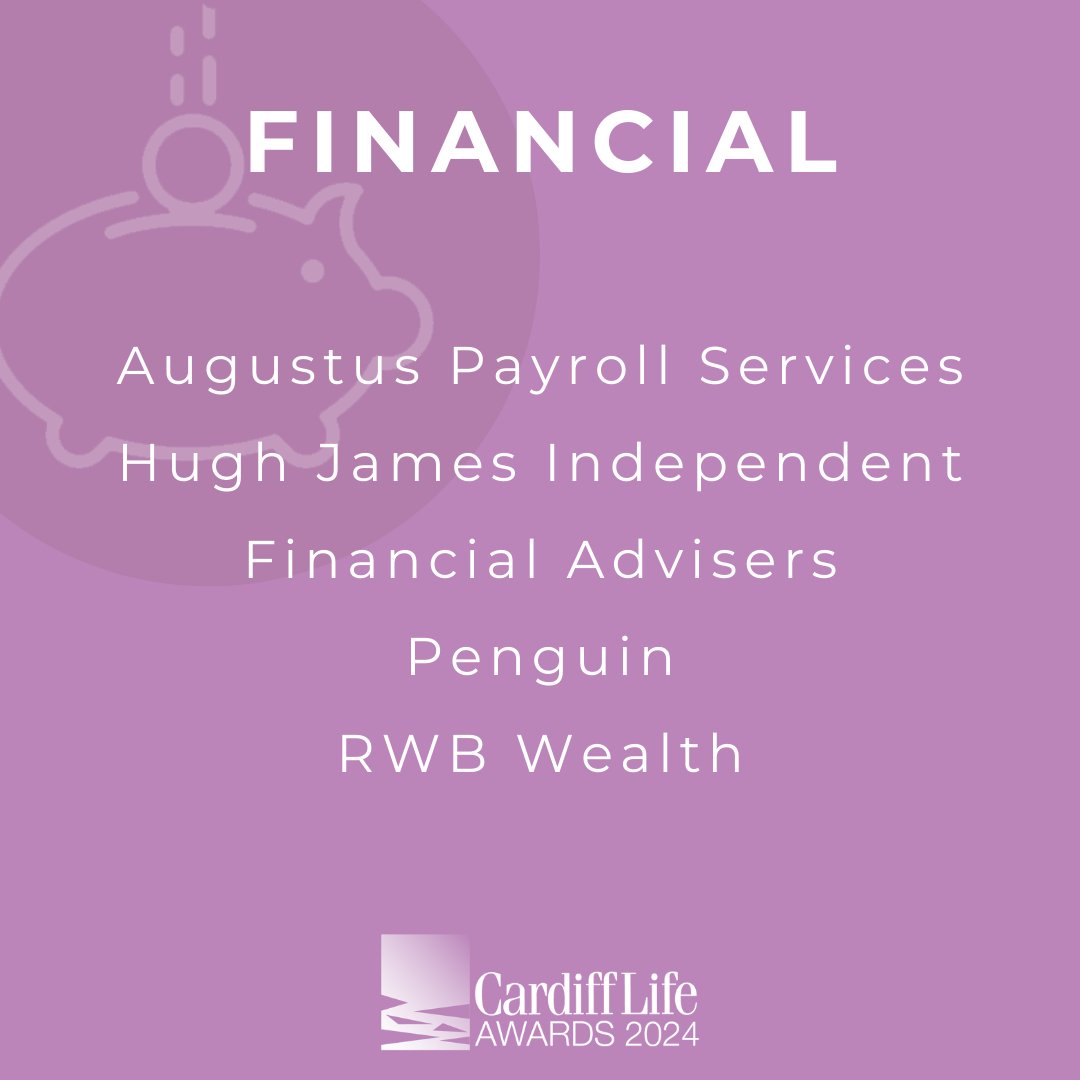 CardiffLifeAwds's tweet photo. ✨ The Financial Finalists are: Augustus Payroll Services, @hughjamesifa, @penguinwm, and @rwbwealth https://t.co/Jm1NMgGtOk