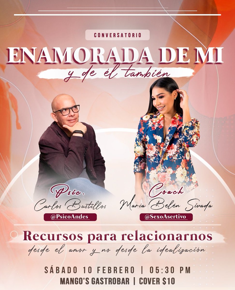 AMOR, ACUERDOS, DINÁMICA, COMUNICACIÓN, SEXO Y COMPROMISO dentro de una RELACIÓN DE PAREJA serán los temas  en: ENAMORADA DE MÍ ¡Y DE ÉL TAMBIÉN!👫🏻❤️‍🔥

Una velada romántica, divertida y llena de muchísimos aprendizajes.  Talento🎷, bebidas🥂  , degustacion 🧀 y obsequios 🎁