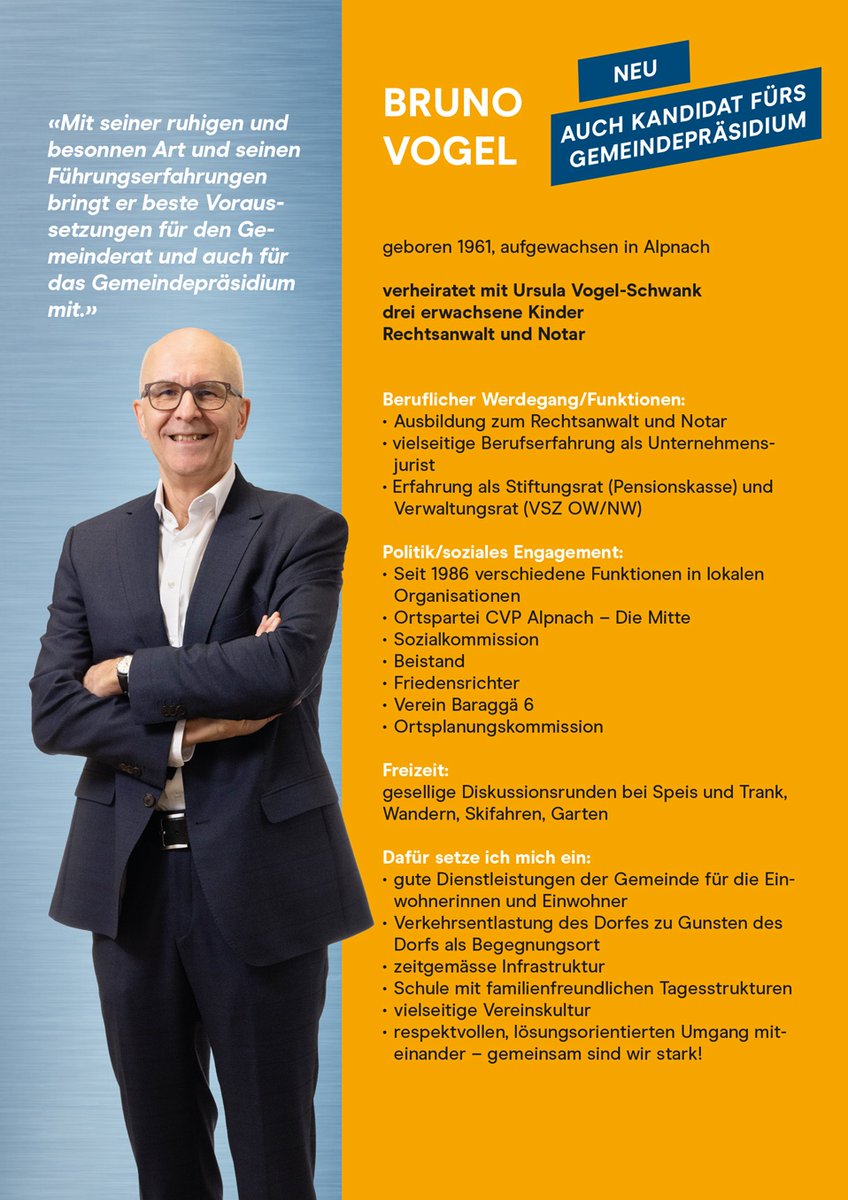 Unsere beiden Kandidaten für Alpnach stellen sich vor:

Marcel Egli (bisher) 
Bruno Vogel (neu) 

Am 3. März 2024 sind die Wahlen. Wir danken für Ihre Stimme und Unterstützung.

#Alpnach #Obwalden #Wahlen #Abst24 #Gemeinderat