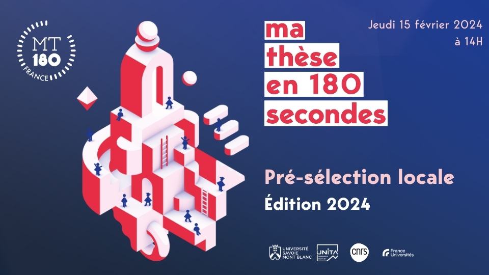 Univ_Savoie's tweet photo. [CONCOURS MT 180]

Les doctorantes et doctorants de l’USMB présenteront leur thèse en 3 minutes lors de la pré-sélection locale qui aura lieu jeudi 15 février 2024 à partir de 14h à l’IAE Savoie Mont Blanc (Amphi 12 – Campus d’Annecy).

💪Venez soutenir les doctorants de l’USMB ! https://t.co/G7JMcpGIee