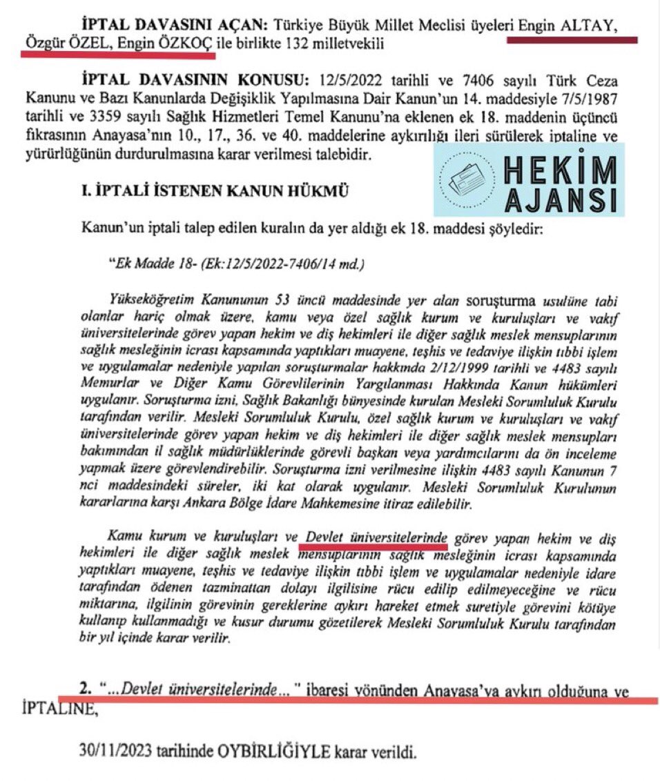 Hekimleri Malpraktisten koruyan yasayı iptal davası açan Özgür Özel başarılı oldu. Muhalefet Hekimleri hedef alarak neyi amaçlıyor? <a href="/eczozgurozel/">Özgür Özel</a>