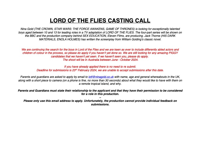 🪰CASTING CALL🪰 We are continuing our search for boys aged 10-13 for a new TV adaptation of Lord of the Flies by @jackthorne being produced by @ElevenFilm See image below for details.