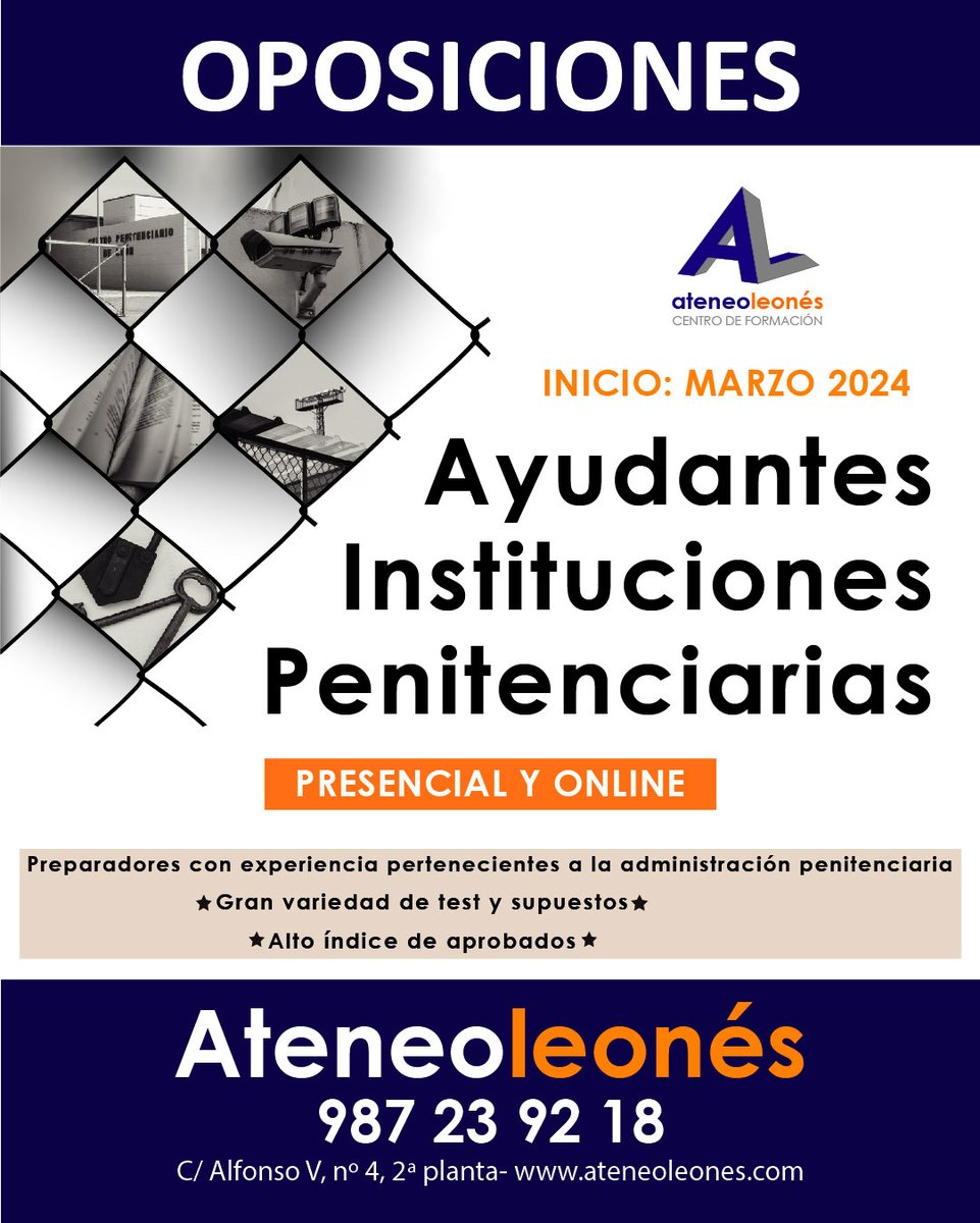 ateneoleones's tweet photo. OPOSICIONES 2024: AYUDANTE DE INSTITUCIONES PENITENCIARIAS

Estudia tu oposición con todas las facilidades que te ofrecemos en Ateneo:
✔ Clases presenciales, virtuales y en diferido
✔ Material de apoyo
✔ Tutorías

Solicítanos más información https://t.co/KCTTuoQAhf