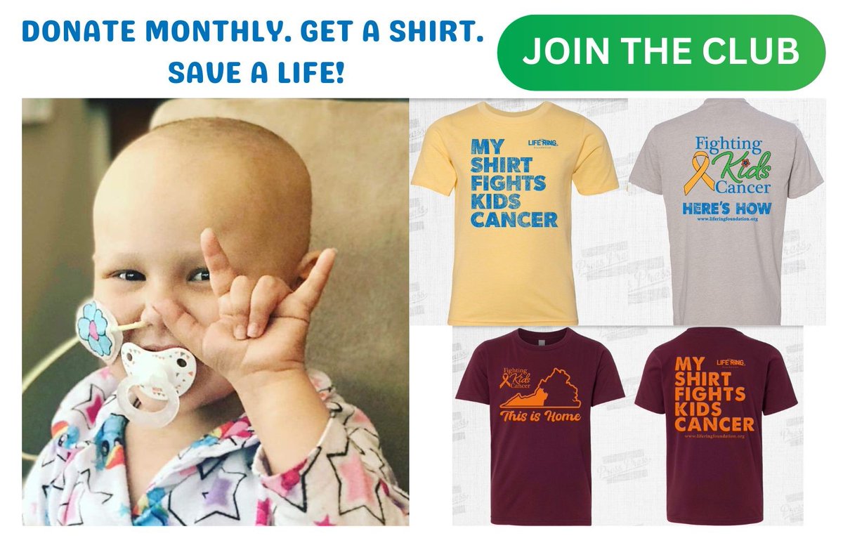 LifeRingSWVA's tweet image. ⭐️NEW🎗️Join our Fighting Kids Cancer T-SHIRT CLUB! How? Give $20 (or more) monthly for One Year OR a one-time gift of $240! liferingfoundation.ejoinme.org/Club
#fightingkidscancerSWVA