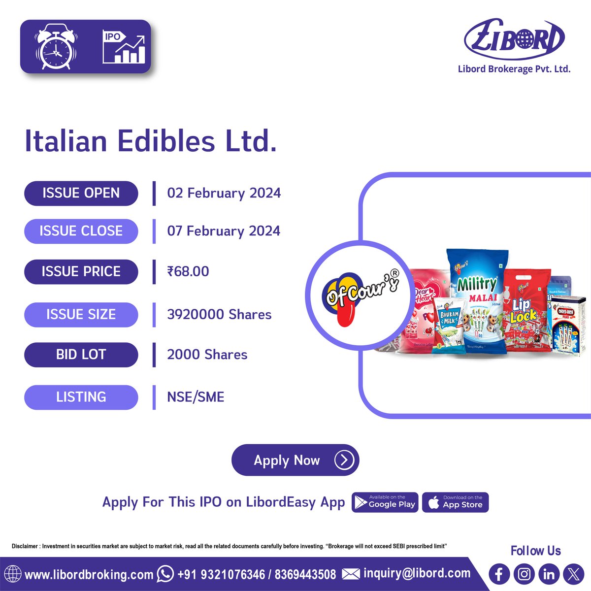 LibordBrokerage's tweet image. Italian Edibles Ltd #IPO hit the market book now

IPO Application Date: 2 February to 7 February 2024

Hurry to book your IPO at ekyc.libordbroking.com/eipo

#ApplyIPO #BookIPO #LatestIPO #IPOalert #IPONEWS #viralpost #nifty #virals #nse #IPO #bse #sebi #chatgpt #business #viralreels