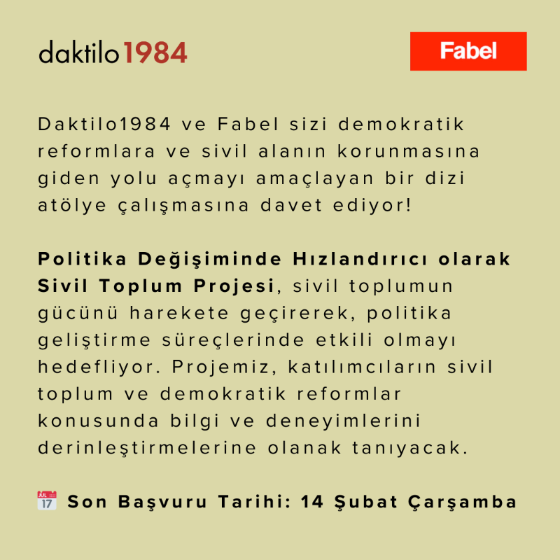 daktilo1984's tweet photo. 🧑‍🤝‍🧑 Daktilo1984 ve Fabel demokratik reformlara ve sivil alanın korunmasına giden yolu açmaya gönüllü, STK'larda çalışan ilgili ve tutkulu profesyoneller, gazeteciler, insan hakları savunucuları ve aktivistler arıyor!

Ayrıntılı bilgi ve başvuru için 👇