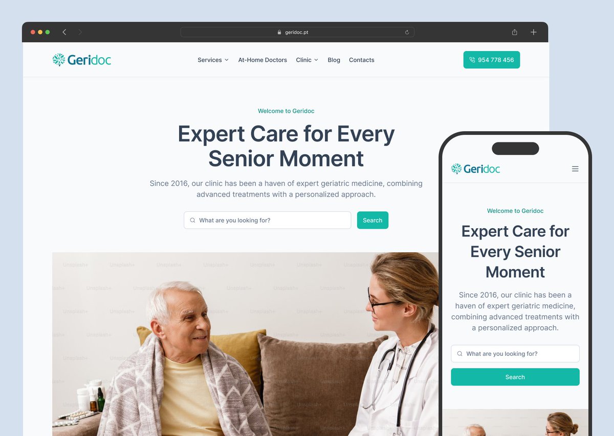 iamhugofelix's tweet photo. Landing page for Geridoc - Geriatric Clinic 👵 #LandingPage #uxdesign https://t.co/8VhouuMsff