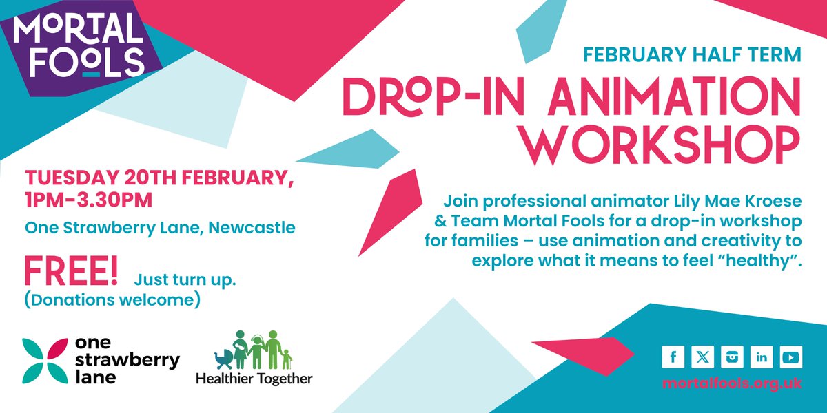 Mortal Fools (@mortalfoolsuk) on Twitter photo Swing by <a href="/OneStrawberryLn/">Onestrawberrylane</a> on 20 Feb, 1pm-3.30pm & have a go at animation in a FREE drop-in workshop for families with @mortalfoolsuk & animator Lily Mae Kroese. Play with different types of animation & have creative fun expressing what being healthy means. Supported by <a href="/HT_NENC/">Healthier Together North East and North Cumbria</a> Swing by <a href="/OneStrawberryLn/">Onestrawberrylane</a> on 20 Feb, 1pm-3.30pm & have a go at animation in a FREE drop-in workshop for families with @mortalfoolsuk & animator Lily Mae Kroese. Play with different types of animation & have creative fun expressing what being healthy means. Supported by <a href="/HT_NENC/">Healthier Together North East and North Cumbria</a>