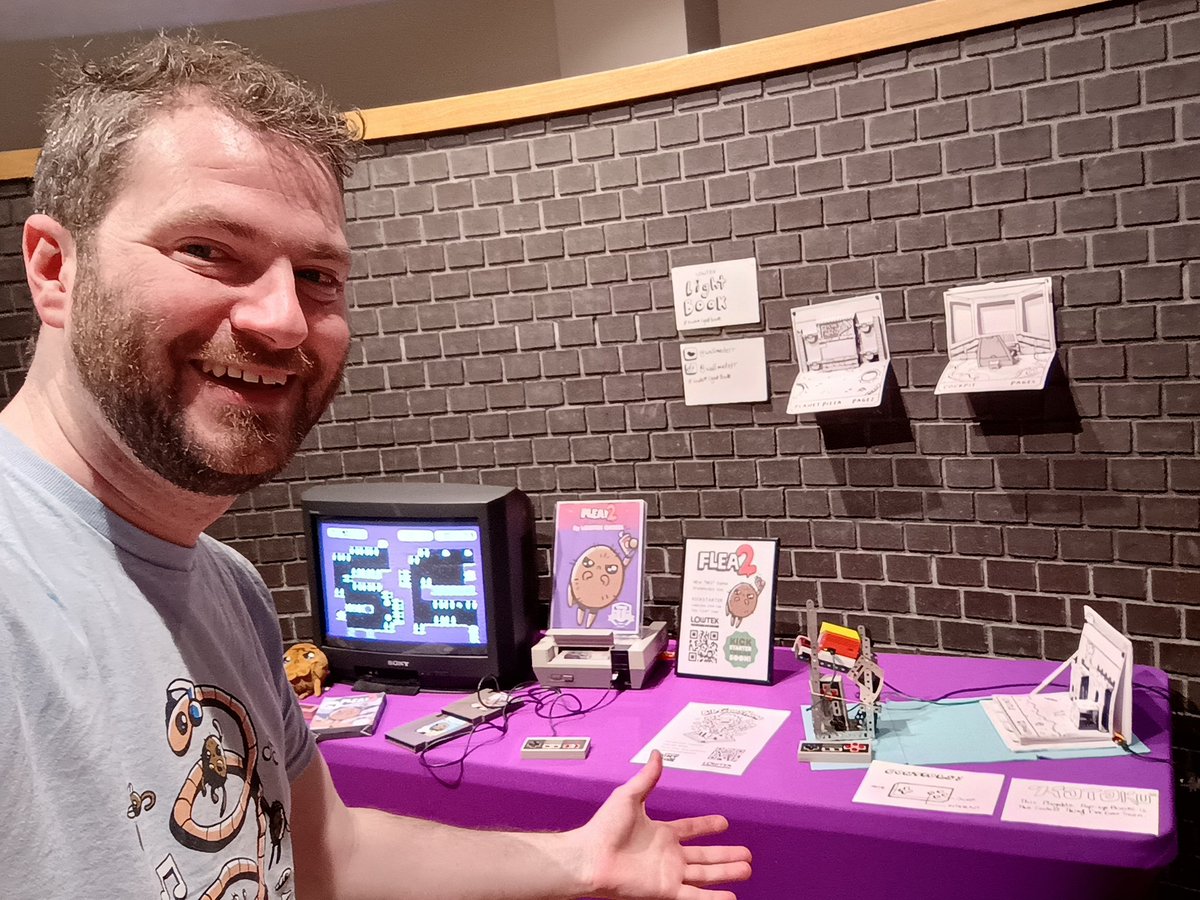 Wallmasterr's tweet photo. All set up at #debugu
@debugmagazine
#gamedev #nesdev #indiegame #prototyoe #flea2 #lowtek #lightbook https://t.co/6RknbOz41O
