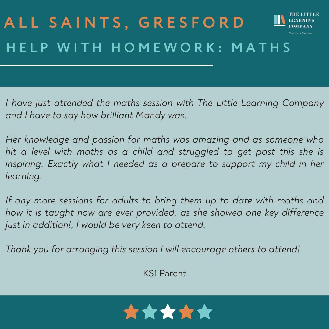 TheLLCompany's tweet photo. Some lovely feedback from a parent who attended our recent Help your child with Homework Maths session at All Saints, Gresford. Thank you 
#FeedbackFriday https://t.co/mDLQNgvD9r