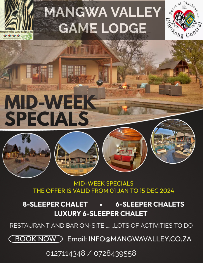 Mangwa Valley Game (@gmmangwa) on Twitter photo 2024 Mid-week Specials
Mangwa Valley Game Lodge offers you a Once-in-a-Lifetime Midweek Specials
Oh yes, 50% discounted rates.
-Only midweek stay.
-Only Self-Catering Units.
Info@mangwavalley.co.za
0127114348/9 or 0728439558
Whatsapp wa.me/message/IBK3TU… 2024 Mid-week Specials
Mangwa Valley Game Lodge offers you a Once-in-a-Lifetime Midweek Specials
Oh yes, 50% discounted rates.
-Only midweek stay.
-Only Self-Catering Units.
Info@mangwavalley.co.za
0127114348/9 or 0728439558
Whatsapp wa.me/message/IBK3TU…