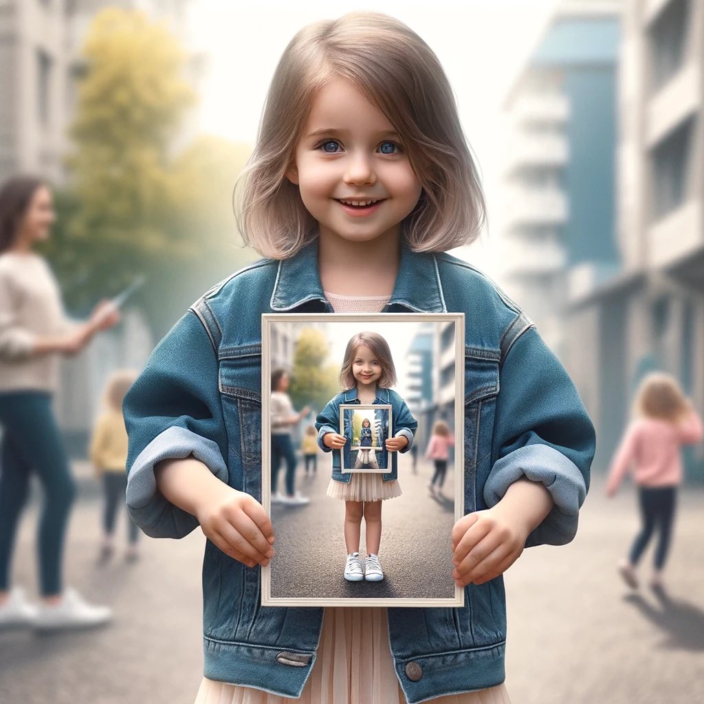 LearnAI_MJ's tweet photo. 🔥Prompt Share for #DALLE3 

This is still something #midjourneyV6 have problem making 😜 

Please use this exact prompt: Create an image of a little girl standing and holding a photograph. The photograph she's holding depicts another little girl in a similar pose, holding another photograph. This creates a recursive visual effect, where each successive photograph within a photograph appears to be a smaller version of the one before it, suggesting an infinite loop. The setting is outdoors, during the day, with a blurred background to emphasize the focus on the girl and the photograph she's holding. The girl should appear happy and curious, dressed in casual, contemporary clothing.    

#aiartcommunity #ChatGPT