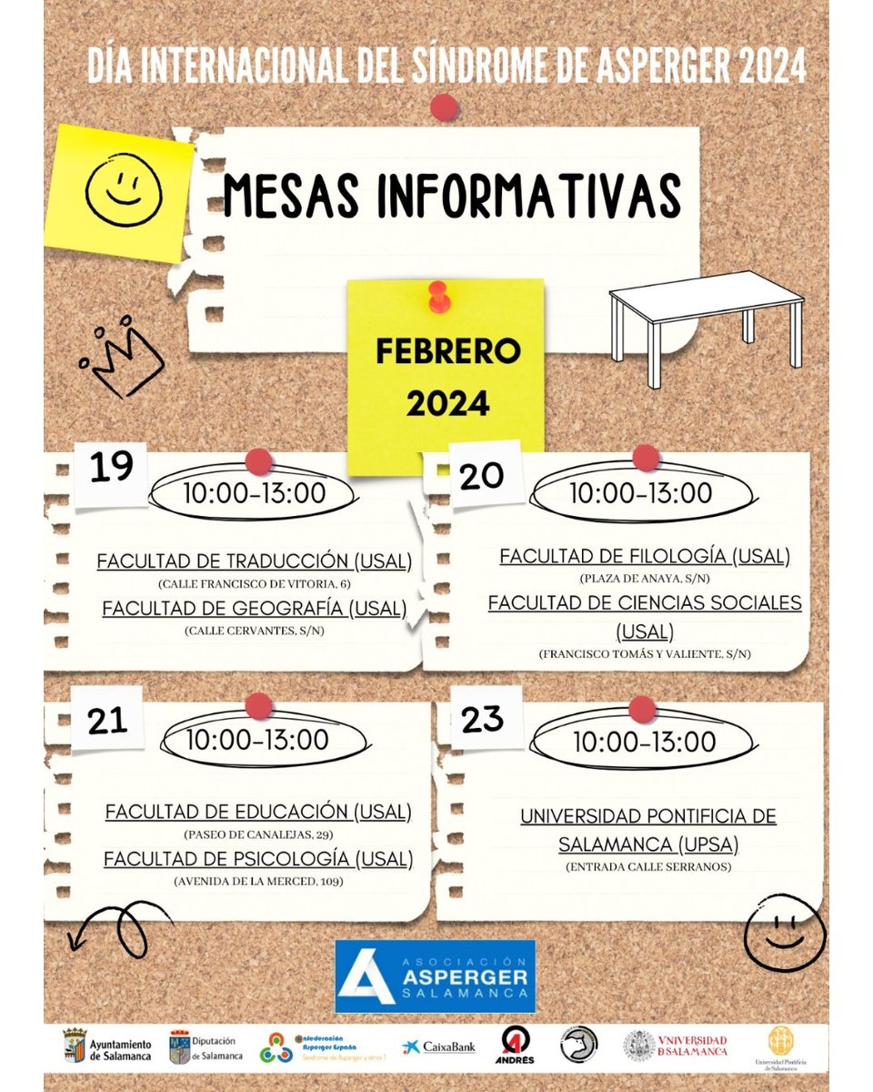 Un año más estaremos en las facultades de la Universidad de Salamanca y Universidad Pontificia de Salamanca con nuestras mesas informativas para acercar el Síndrome de Asperger-TEA al entorno universitario
#DíaInternacionalAsperger #TEA
  #Asperger #DISA2024 #NingúnTeaSinDerechos