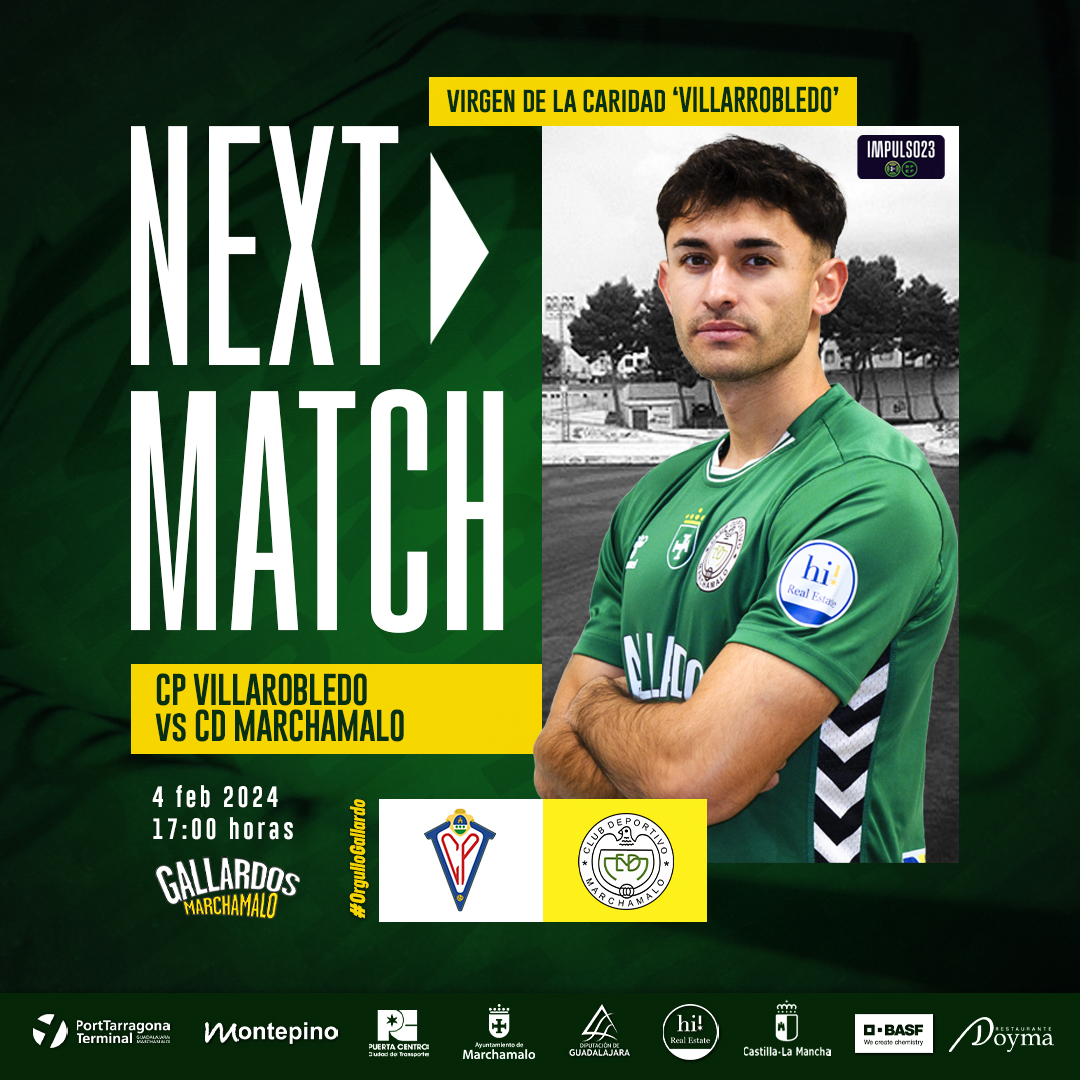 ⚽️ ¡MATCH DAY! ⚽️

💪 Visita importante a Villarrobledo para engancharnos con los de arriba.

📅 Domingo, 4 de febrero
⏰ 17.00 horas
🏟️ Virgen de la Caridad
🆚 <a href="/CPVillarrobledo/">Don Octavio CP Villarrobledo 🐺❤️💙</a> 

#OrgulloGallardo #123CD
#TuEquipoTuPueblo #Marchamalo
