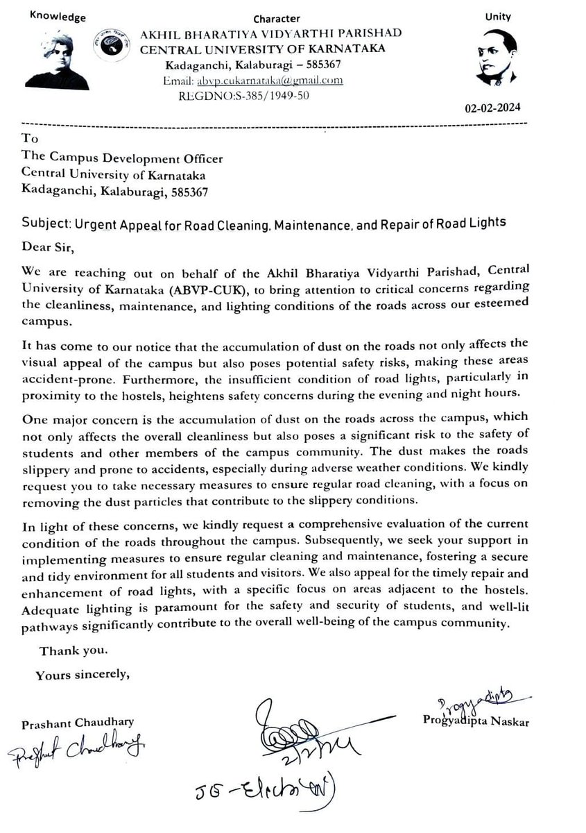abvpcukarnataka's tweet photo. ABVP-CUK submitted a letter to the CUK admin regarding cleaning and maintenance of the accident-prone roads &amp; repairing and installing the streetlights wherever necessary, ensuring the safety of university students https://t.co/k3cdb9egNR