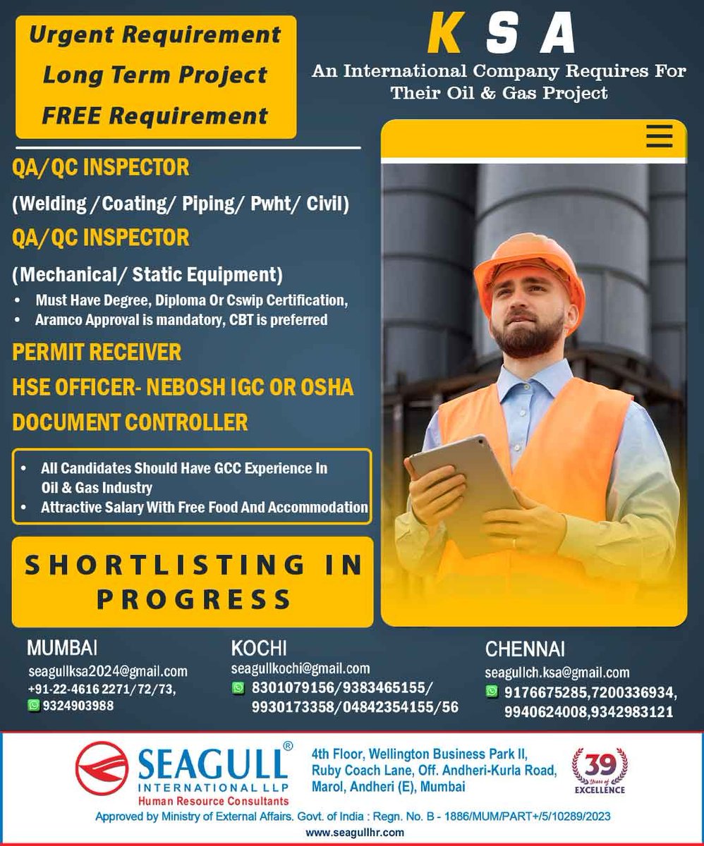 hrd1_seagull's tweet photo. 🇸🇦Ksa Jobs
‼️Free Recruitment
✔️Long Term Project - Urgent Requirement
📝Shortlisting In Progress
📍Location - Mumbai , Kochi & Chennai
.
.
.
#ksajobs #seagull #abroadsjobs #qaqcinspector #permitreceiver #hseofficer #documentcontroller https://t.co/w1dMmSdJsZ