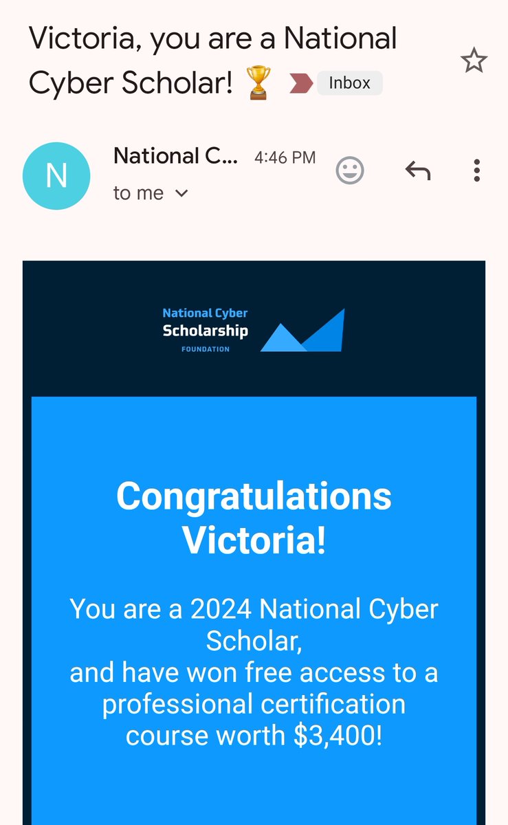 Thrilled to share an incredible milestone as an NYU Cybersecurity Master's student! I had the honor of competing for the NCF Scholarship and earned the title of National Cyber Scholar!Excited to take this course and learn more about cybersecurity! #MineolaProud #LifelongLearner