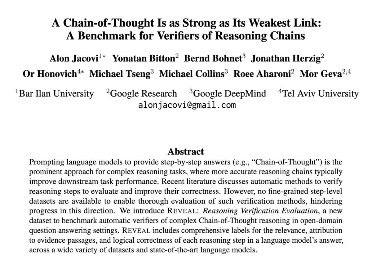 👋 Check out our new paper and benchmark: REVEAL, a dataset with step-by-step correctness labels for chain-of-thought reasoning in open-domain QA 🧵🧵🧵 arxiv.org/abs/2402.00559 huggingface.co/datasets/googl…