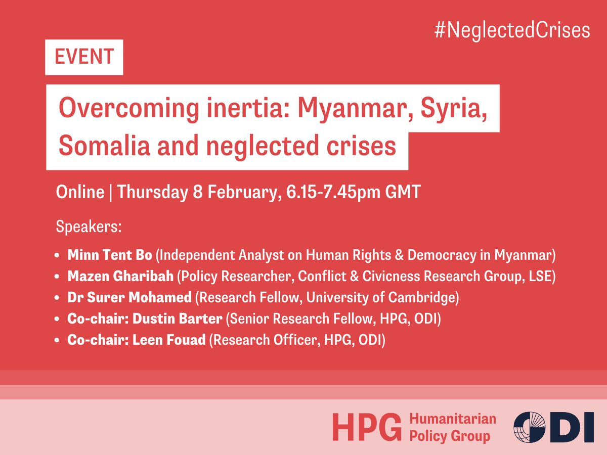 With less than a week to go, join us on 8 Feb with experts @MazenGharibah, @surermohamed & Minn Tent Bo to discuss worldwide crises that have seemingly dropped out of the news cycle, including those in Myanmar, Syria and Somalia. Register: buff.ly/42mRIa8 #NeglectedCrises