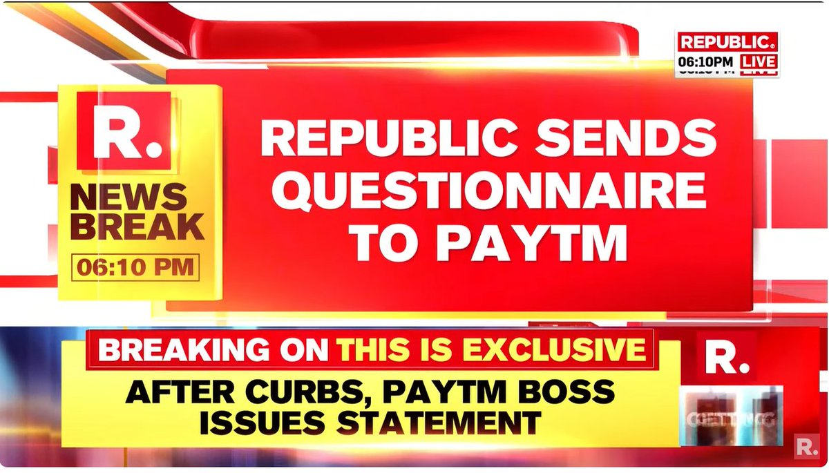 republic's tweet photo. #BREAKING On #ThisIsExclusive | Republic sends questionnaire to Paytm, no response yet.

The #PaytmControversy is the top focus on This Is Exclusive with @shawansen now #LIVE, on-air, online-https://t.co/bmMTLOTq1t 

#RBI #Paytm #PaytmFounder #PaytmControversy https://t.co/NFJ4OPtCeU