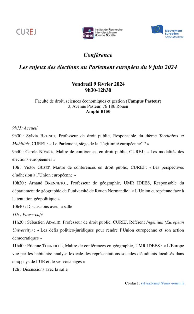 curej_urn's tweet photo. Conférence « Les enjeux des élections européennes »
🗓️ 9/02/2024 9h30-12h30
@IrihsUniversite @univrouen 
Organisée pr Sylvia Brunet
#Elections2024 #Europe #ParliamentElection https://t.co/FfCArDBT6K