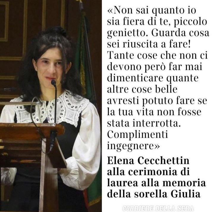 L'Università di Padova ha conferito a Giulia Cecchettin la laurea alla memoria in Ingegneria Biomedica. Le parole commosse della sorella Elena ... #GiuliaCecchettin