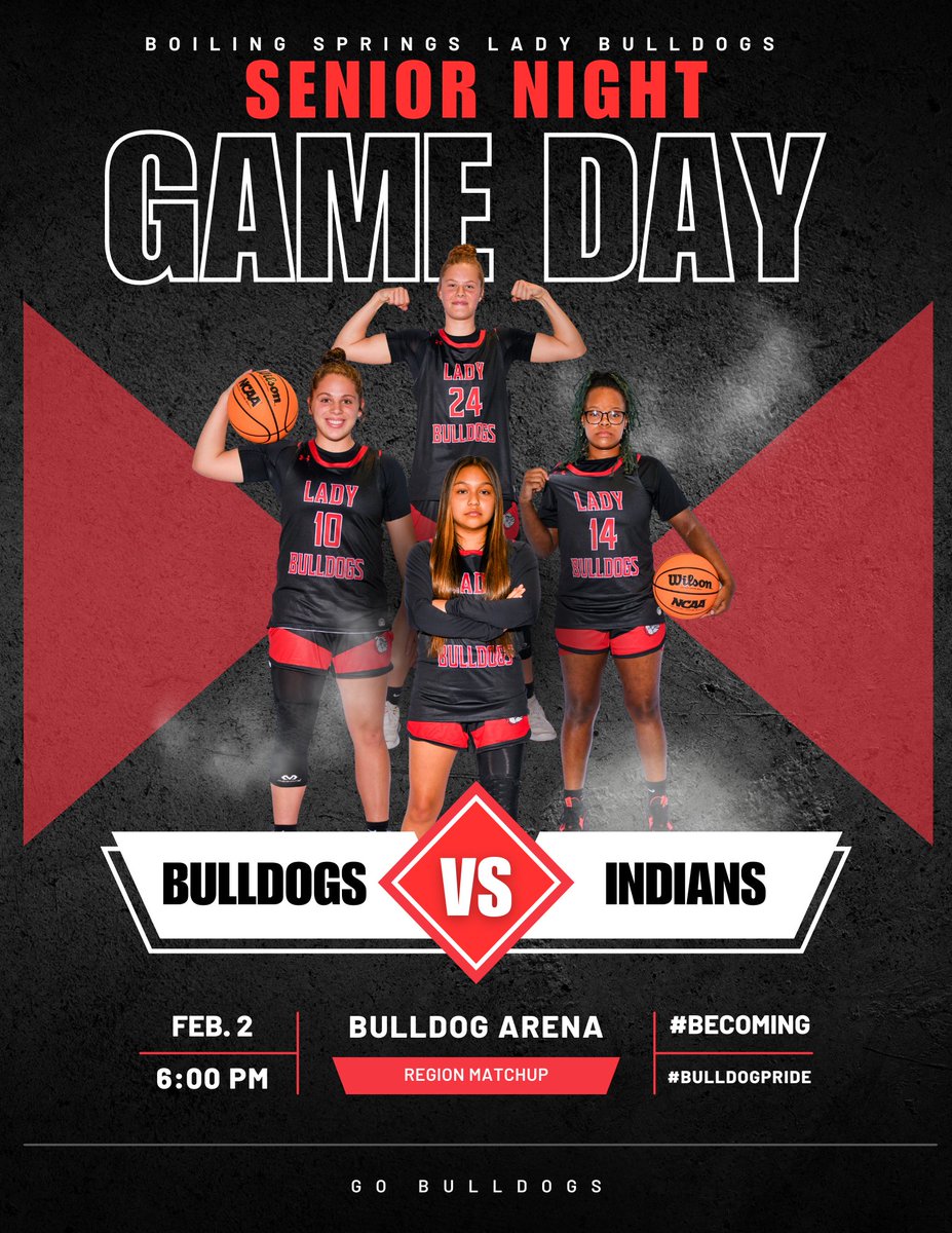 BSHSladyhoops's tweet photo. 🌟SENIOR NIGHT 🌟

🏀GAMEDAY🏀

🆚 Gaffney Indians
  
⌚️6:00pm  
  
🏟️Bulldog Arena

#Becoming  #DawgFight https://t.co/q4zGxxhTre