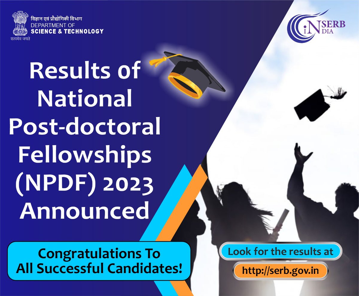 .@serbonline is pleased to announce results of National Post-Doctoral Fellowships 2023. Congratulations to all successful candidates. Results r available on serb.gov.in @DrJitendraSingh @karandi65 @IndiaDST