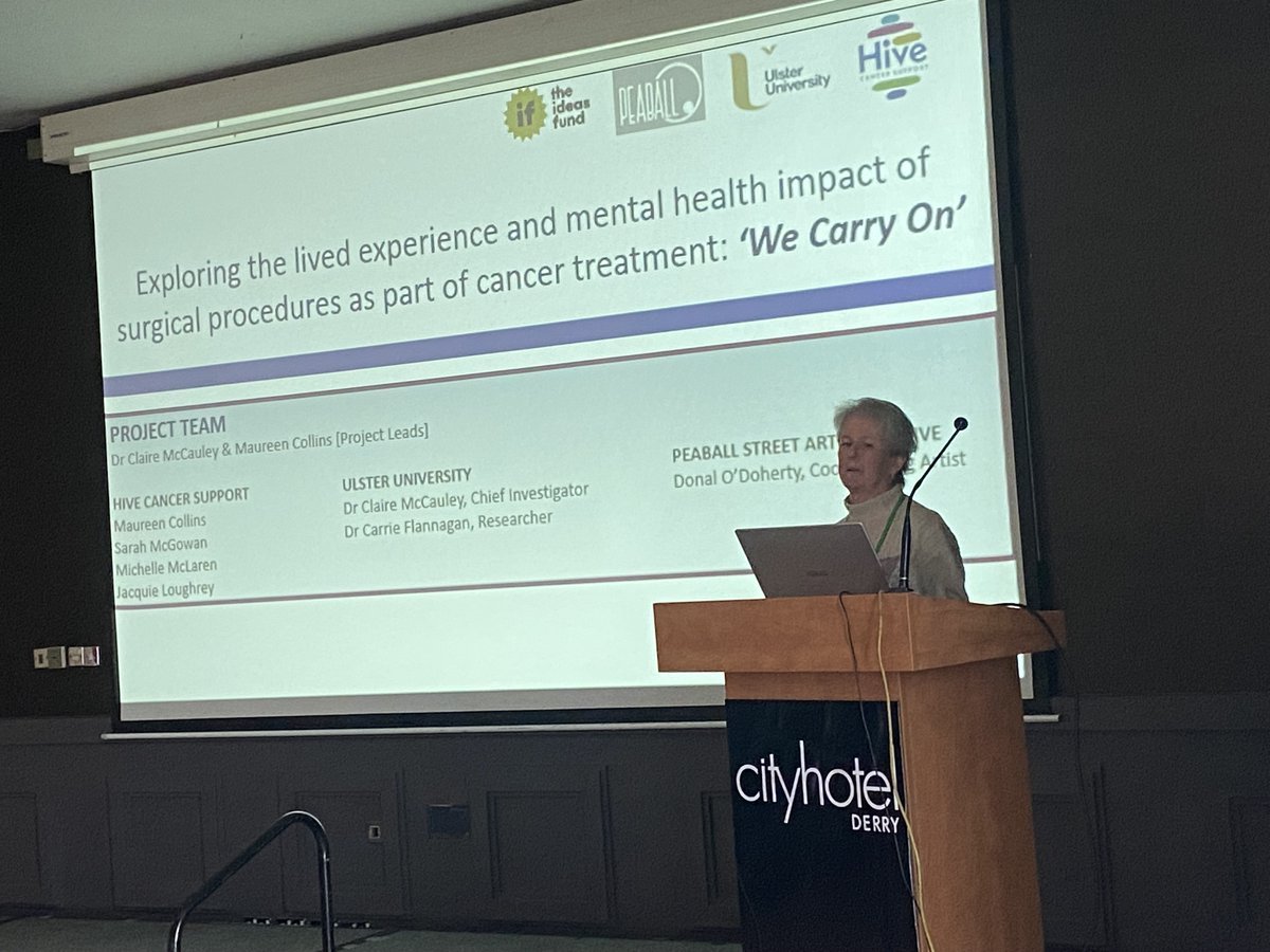 A HUGE moment for us, Dr Carrie Flannagan of @UlsterUni presenting the findings of the recent collaborative research into the mental health impact of cancer surgery, based on the personal stories of our members which inspired the #WeCarryOn mural.
