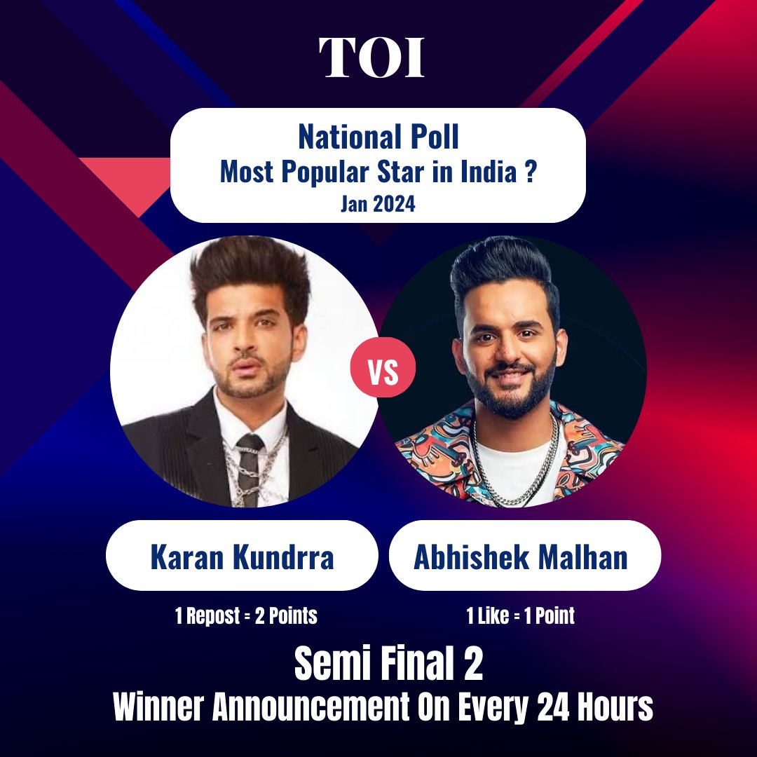 AndhraTalkie's tweet photo. Most Popular Celebrity in India? 
        🔥SEMI FINAL 2🔥

Winner Goes to Qualifiers 🏆🏆🏆 

1 Repost = 2 Points
1 Like = 1 Point 

🔁 #KaranKundrra
♥️ #AbhishekMalhan https://t.co/6ItDXdW7iK