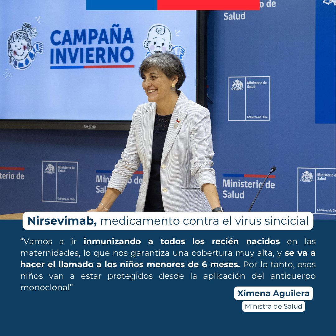 ministeriosalud's tweet photo. #CampañaInvierno Chile se convertirá en el primer país de la región en adquirir #Nirsevimab, medicamento para inmunizar contra el VRS, principal causa de enfermedad, hospitalización y muerte en recién nacidos y lactantes.

Detalles acá📲https://t.co/Yy5LxSGCxs https://t.co/B9G1jEPRL9