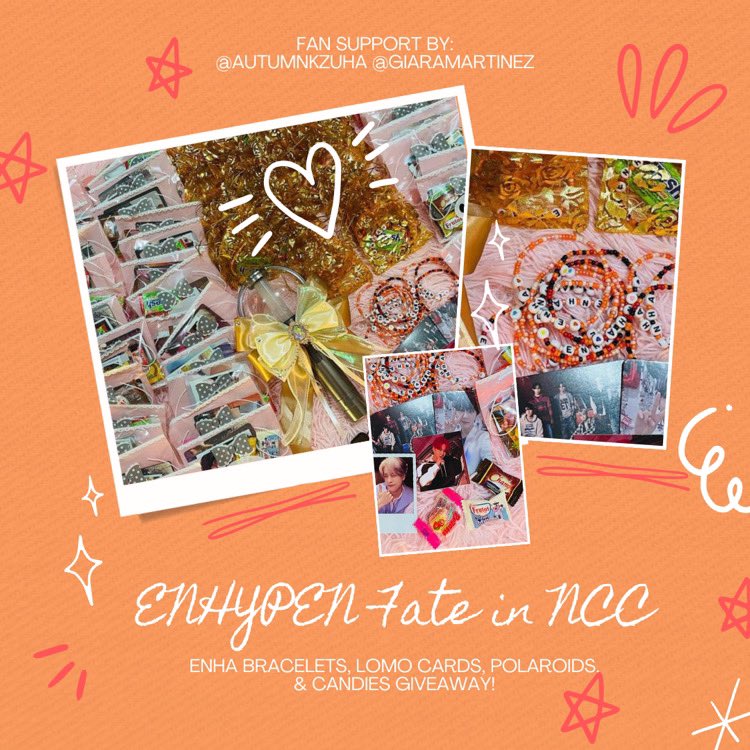 autumnkzuha's tweet photo. enhypen fate in ncc 
enha bracelets, lomo cards, polaroids, &amp; candies 🧡
a fan support by @autumnkzuha &amp; @giaramartinez ✨

– like, rt, &amp; follow (optional) 
– location, tba ✨ 
- open for trades on d-day only!
– strictly 1:1 ratio, limited quantity 

t. #FATE_IN_NEWCLARKCITY https://t.co/3vc35YrO0O