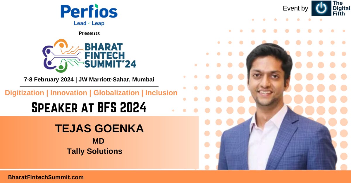 tallysolutions's tweet photo. Tejas Goenka, MD at Tally Solutions, will take the stage at the Bharat Fintech Summit'24 by @thedigitalfifth  on February 7, 2024. Exploring the future of Bank-Fintech partnerships, he'll delve into key factors influencing evaluations, emerging tech innovations, and navigating governance and compliance hurdles.
Save the date for an enlightening experience in Mumbai.
Grab your passes here: https://t.co/tWqftkYdQE

#Tally #Fintech #BharatFintechSummit2024 #MSME #BFS2024