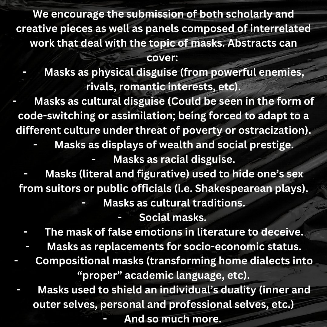 IUPGradEGO's tweet photo. It's about time! The Spring 2024 Conference is now accepting abstracts! Happening on April 12th &amp; 13th, this is a conference you don't want to miss! Masks &amp; Masking. We'll be accepting abstracts until February 16th. Let us hear your voices! #iup #conference #spring2024 https://t.co/Q6Ziy4Mp1H