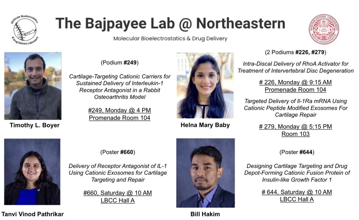 Bajpayee Lab (@bajpayeelab) on Twitter photo We are super excited to head back to #ORS2024 this year! Come stop by our posters and talks on #ElectrostaticDrugDelivery! <a href="/ORSsociety/">Orthopaedic Research Society</a> <a href="/OrsSpineSection/">ORS Spine Section</a> <a href="/NUBioE1/">Northeastern University Bioengineering</a> We are super excited to head back to #ORS2024 this year! Come stop by our posters and talks on #ElectrostaticDrugDelivery! <a href="/ORSsociety/">Orthopaedic Research Society</a> <a href="/OrsSpineSection/">ORS Spine Section</a> <a href="/NUBioE1/">Northeastern University Bioengineering</a>