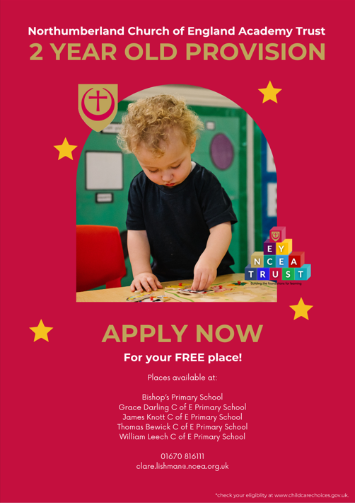 You can apply now for free places for your 2 year old @NCEA_Trust @primarydirector