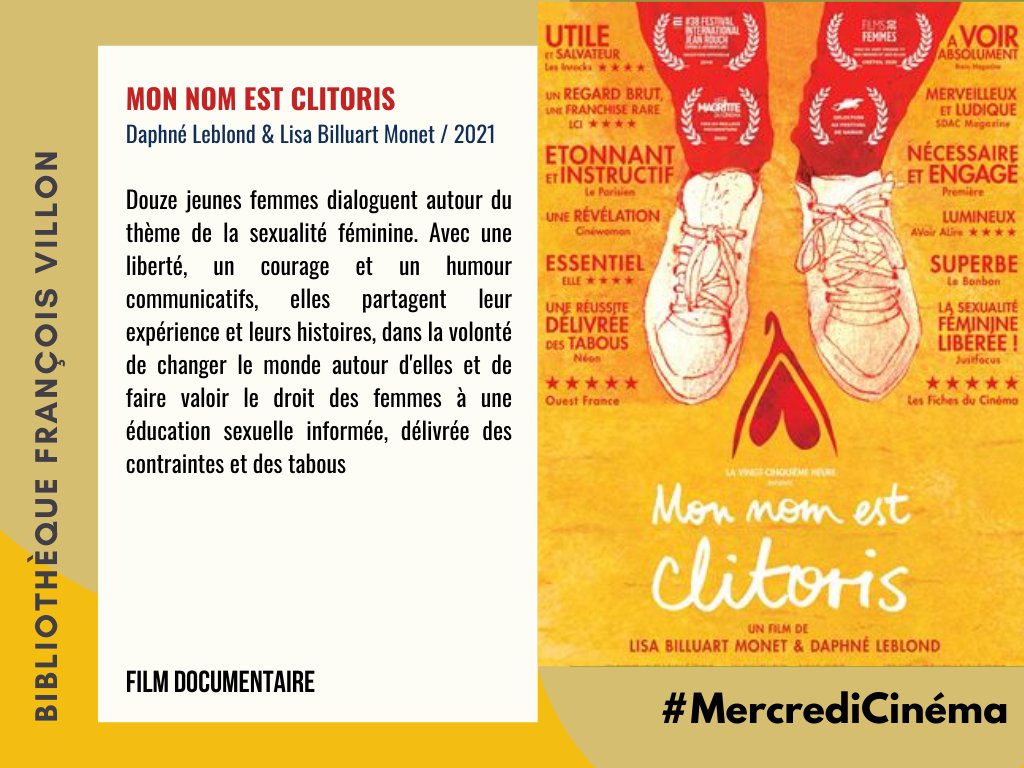 Coup de cœur ❤️ du #MercrediCinéma : « Mon nom est clitoris » de Daphné Leblond et Lisa Billuart Monet. A obtenu le prix du meilleur documentaire #magritteducinema 2020.

A emprunter dans les bibliothèques du réseau : bibliotheques.paris.fr/Default/doc/SY…
