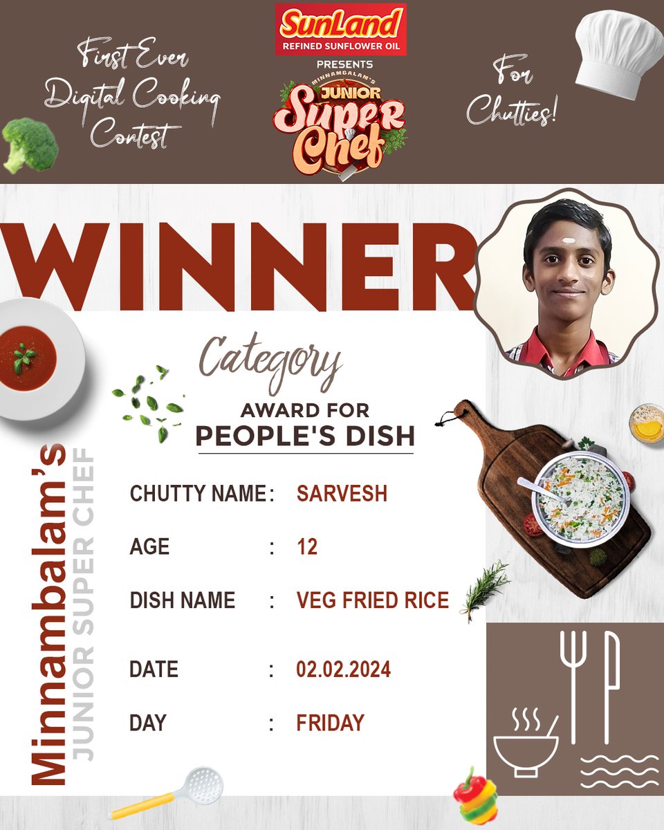 Unleashing Culinary Prodigies! 🌟 Congratulations to the Rising Stars of Minnambalam's Junior Super Chef - Where Young Talents Rule the Kitchen! 🍳✨

#Minnambalamplus #JuniorSuperChef #CulinaryJourney #juniorchef #chefcompetition #competition