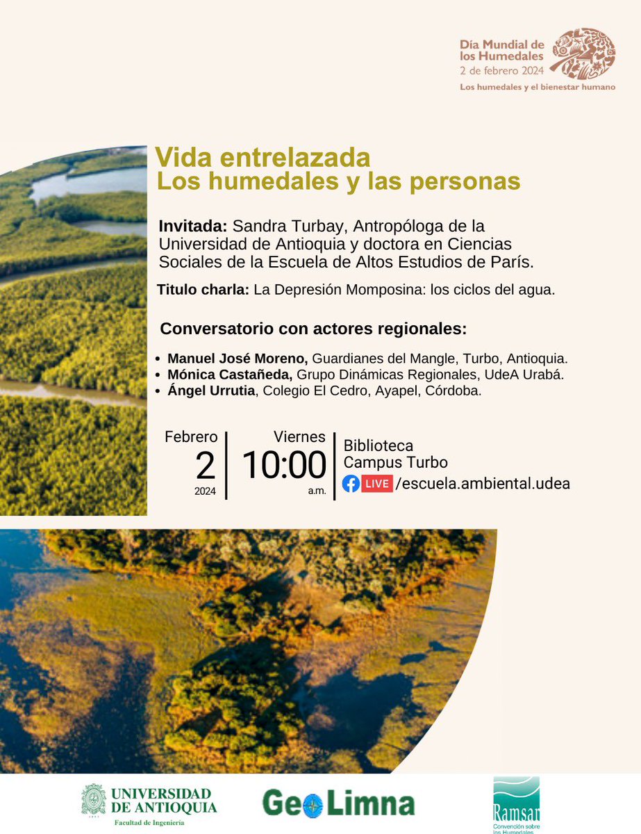 La depresión momposina y la relación de las personas con esta zona del País #DiaMundialDeLosHumedales
hoy, en <a href="/UdeA/">Universidad de Antioquia</a> campus Turbo. 
#AlAire Sandra Turbay, nos invita a escucharla a las 10:00 a. m. COL