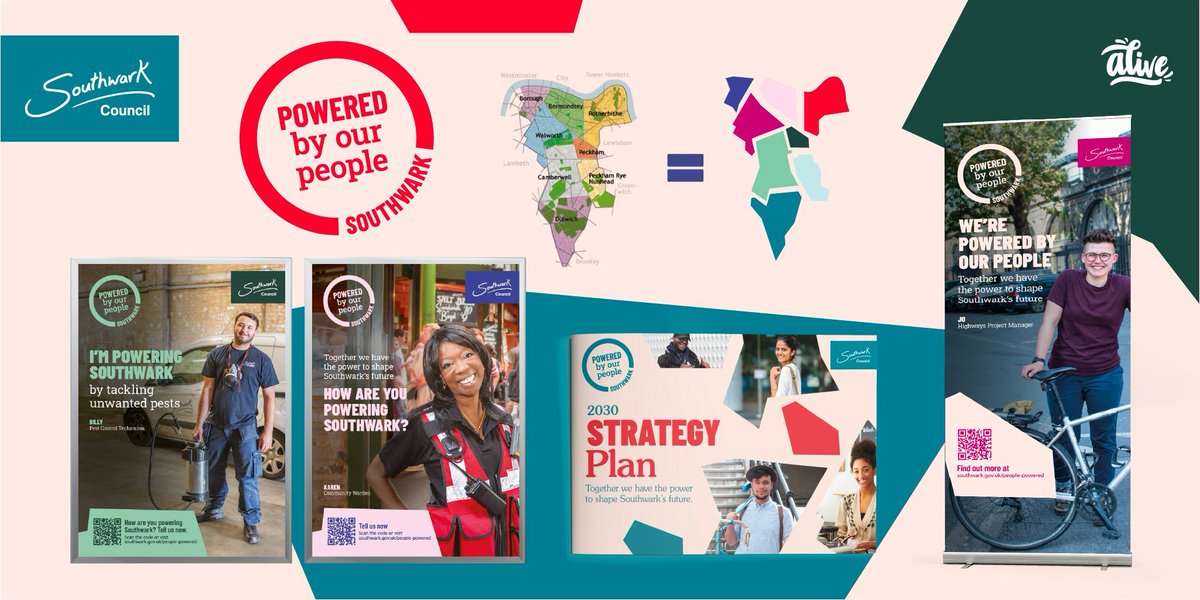 Together with Southwark Council we created an inclusive, empowering campaign, inviting people to come together to shape Southwark's future. Using bold shapes based on the borough's areas and powerful staff hero photography we created a distinctive and celebratory look and feel.